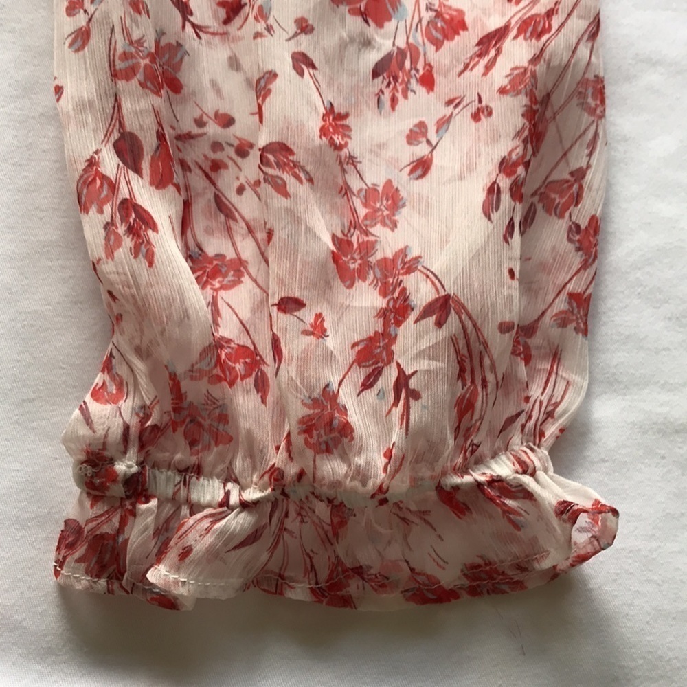 CeCe Floral Chiffon Tie Neck Ruffle Dress Size 12 White Red Sheer Sleeve Wedding - Picture 15 of 17